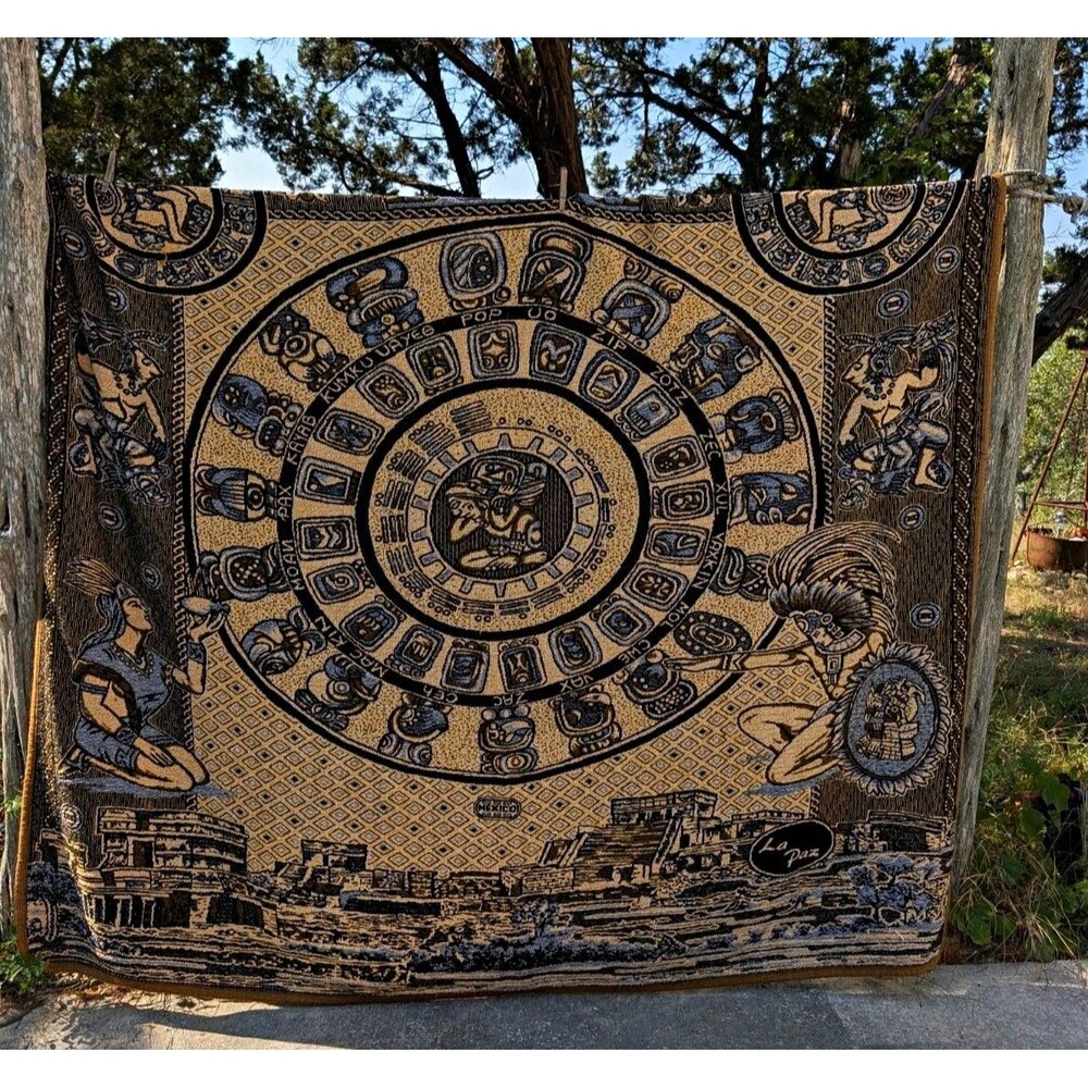 Mayan Calendar Blanket La Paz Woven Tapestry Queen Comforter Mexico Acrylic